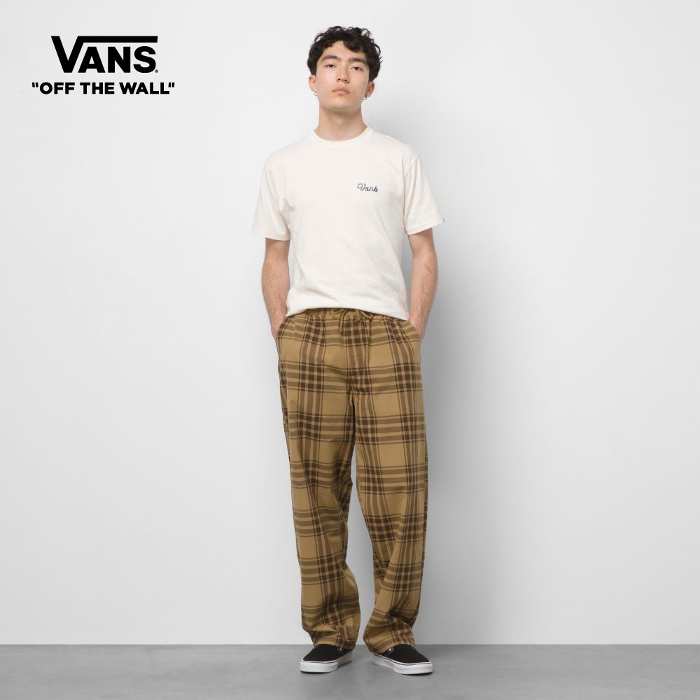Vans Range Plaid Baggy Tapered Elastic Waist Pant Men BROWN VN0005XYZ1G1